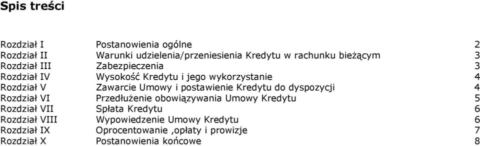 postawienie Kredytu do dyspozycji 4 Rozdział VI Przedłużenie obowiązywania Umowy Kredytu 5 Rozdział VII Spłata Kredytu