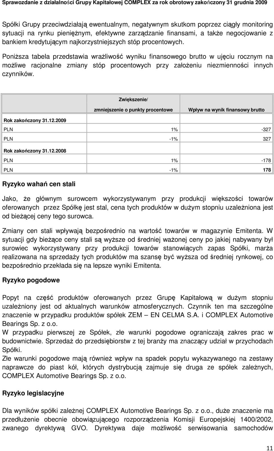 PoniŜsza tabela przedstawia wraŝliwość wyniku finansowego brutto w ujęciu rocznym na moŝliwe racjonalne zmiany stóp procentowych przy załoŝeniu niezmienności innych czynników.