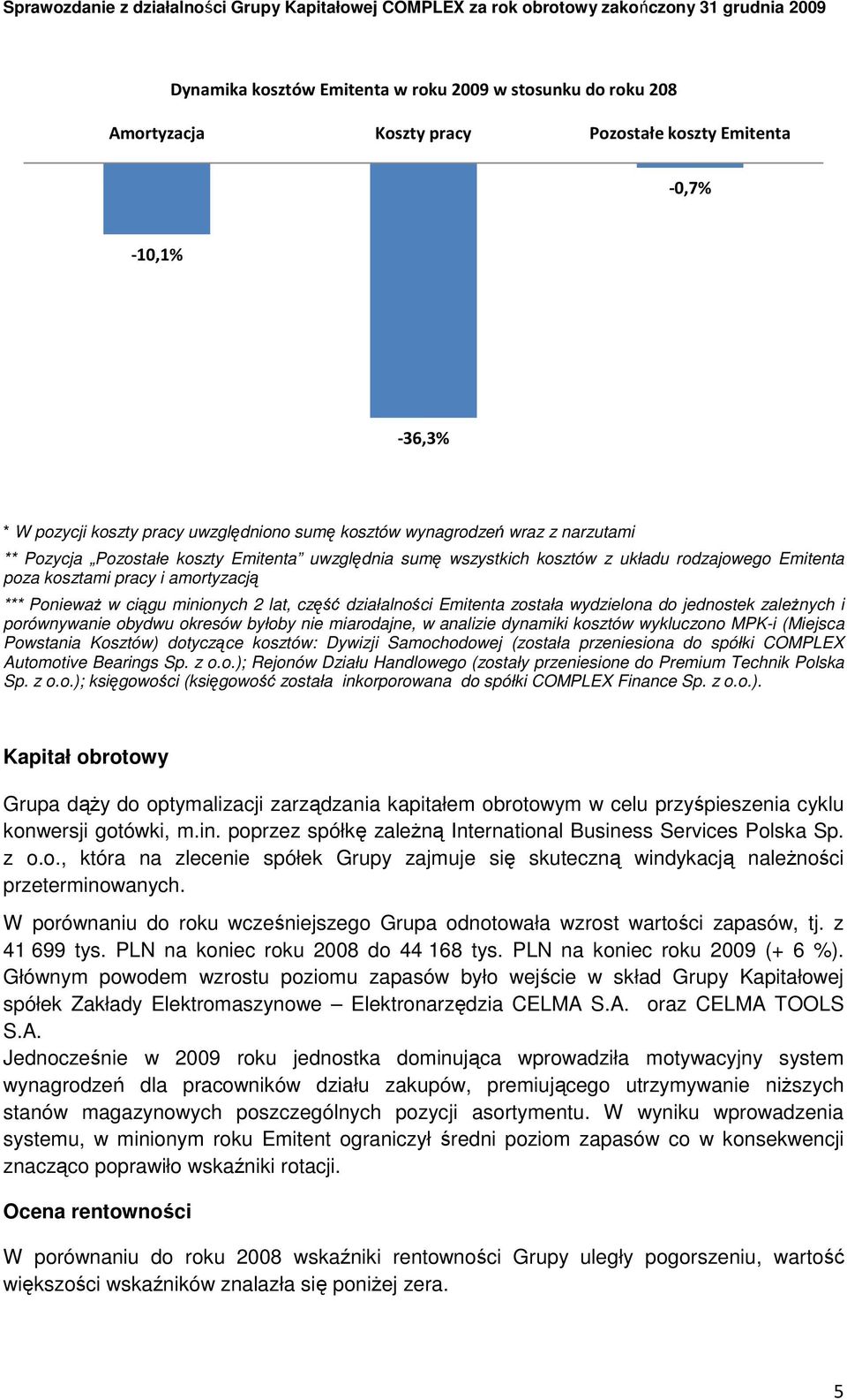 działalności Emitenta została wydzielona do jednostek zaleŝnych i porównywanie obydwu okresów byłoby nie miarodajne, w analizie dynamiki kosztów wykluczono MPK-i (Miejsca Powstania Kosztów) dotyczące