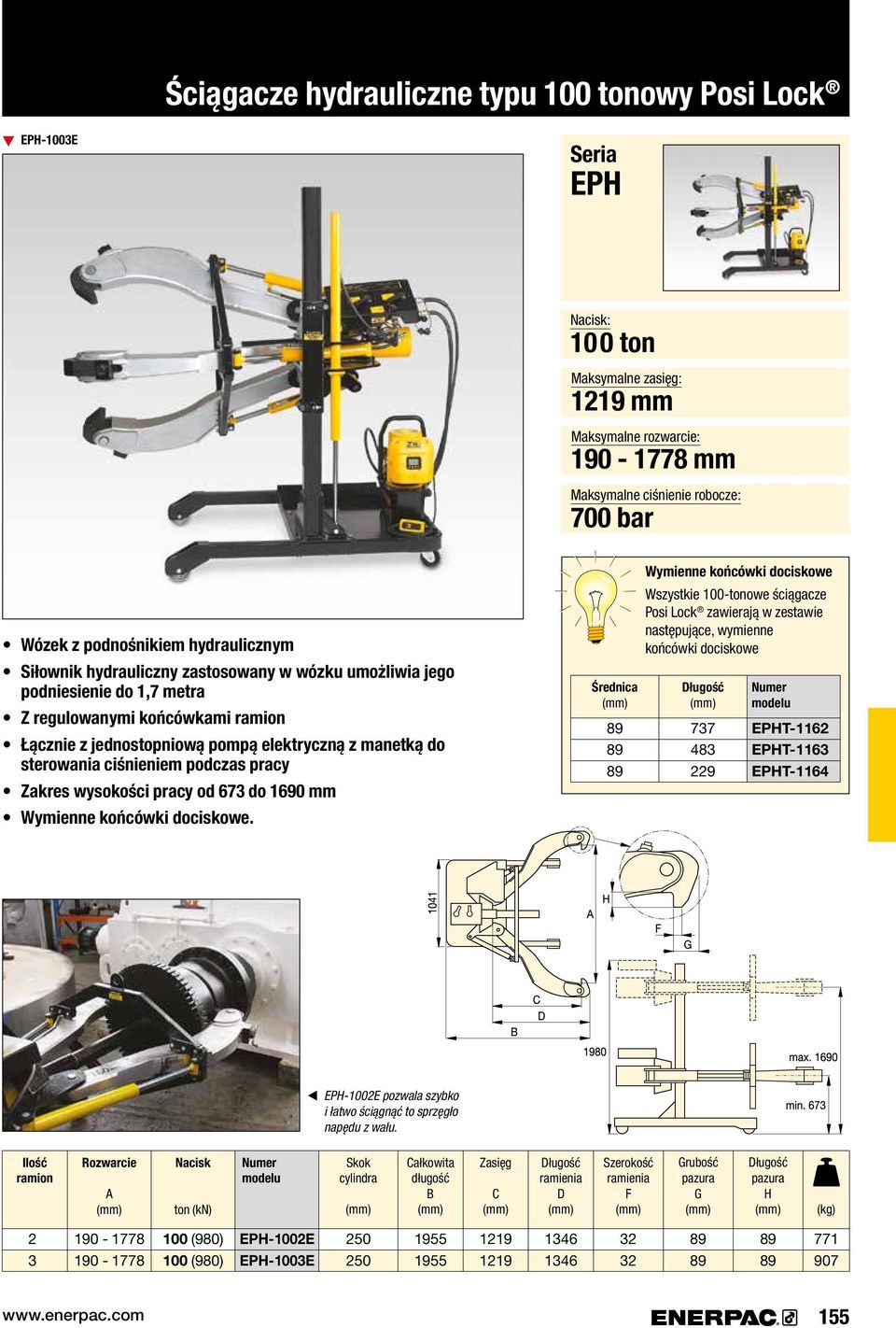 ciśnieniem podczas pracy Zakres wysokości pracy od 67 do 1690 mm Wymienne końcówki dociskowe.