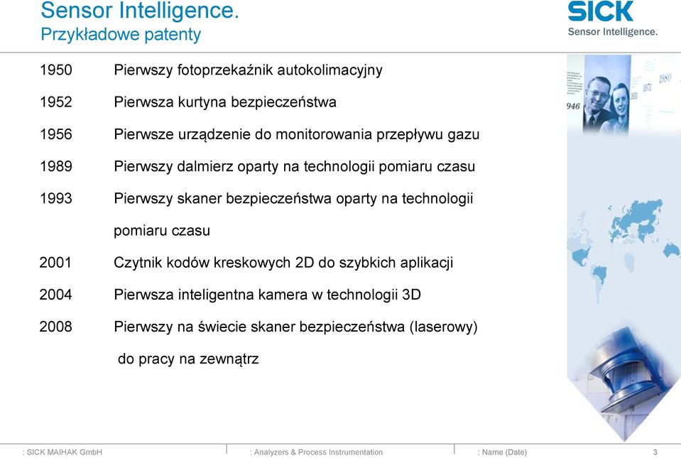 monitorowania przepływu gazu 1989 Pierwszy dalmierz oparty na technologii pomiaru czasu 1993 Pierwszy skaner bezpieczeństwa oparty na