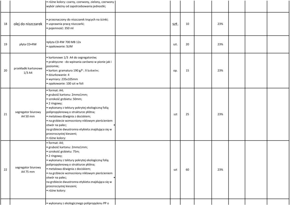 20 20 przekładki kartonowe 1/3 A4 kartonowe 1/3 A4 do segregatorów; praktyczne - do wpinania zarówno w pionie jak i poziomie; karton: gramatura 190 g/² ; 8 kolorów; dziurkowanie: 4 wymiary: 235x105mm