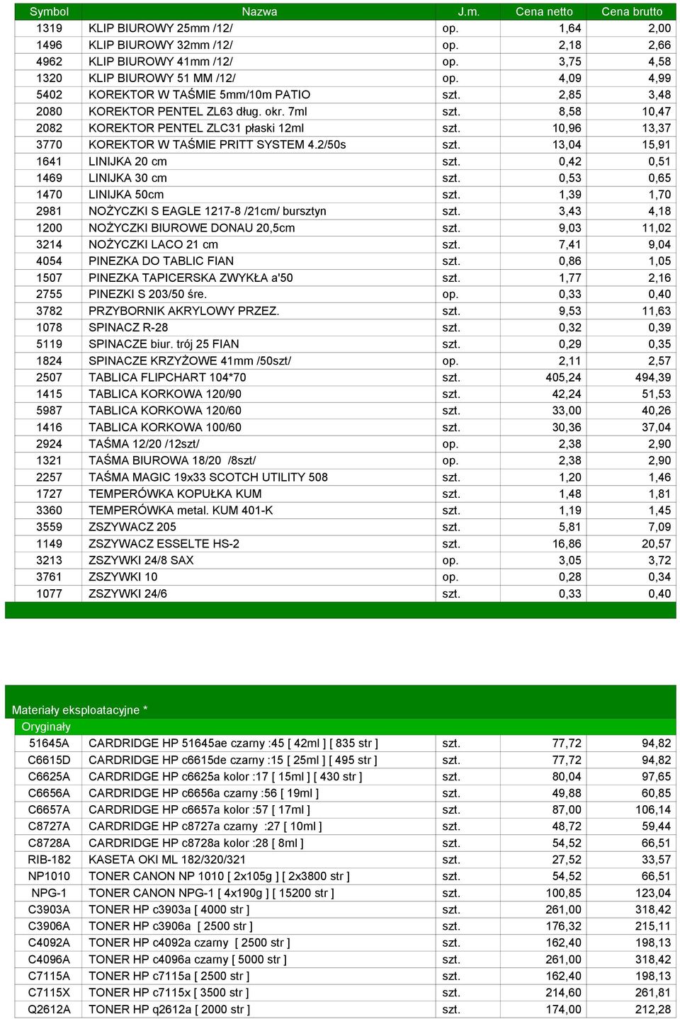 10,96 13,37 3770 KOREKTOR W TAŚMIE PRITT SYSTEM 4.2/50s szt. 13,04 15,91 1641 LINIJKA 20 cm szt. 0,42 0,51 1469 LINIJKA 30 cm szt. 0,53 0,65 1470 LINIJKA 50cm szt.