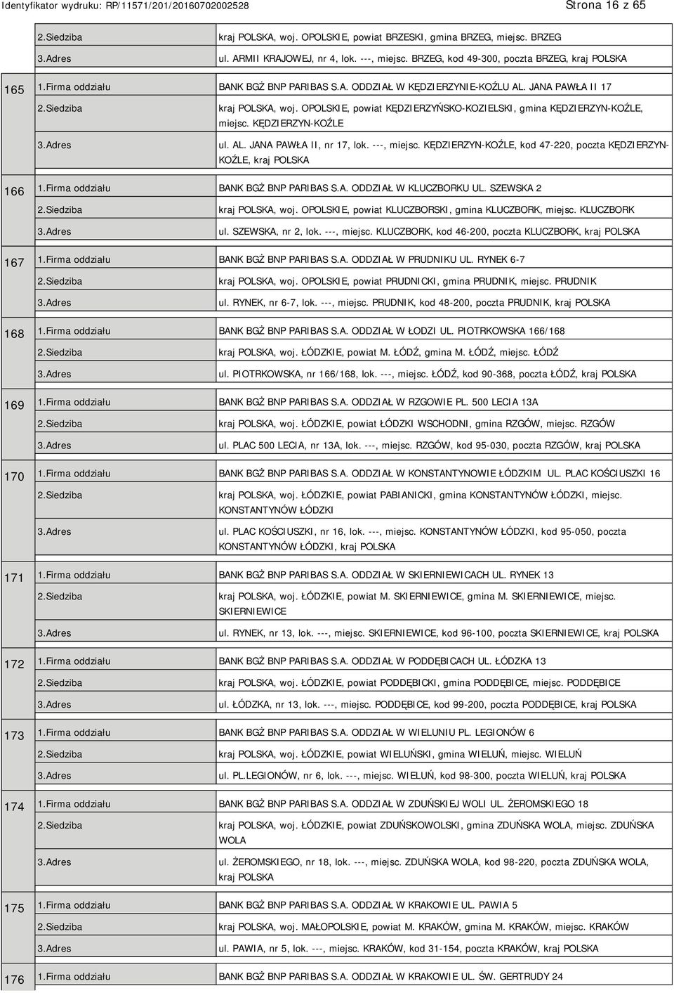---, miejsc. KĘDZIERZYN-KOŹLE, kod 47-220, poczta KĘDZIERZYN- KOŹLE, kraj 166 1.Firma oddziału BANK BGŻ BNP PARIBAS S.A. ODDZIAŁ W KLUCZBORKU UL. SZEWSKA 2 kraj, woj.