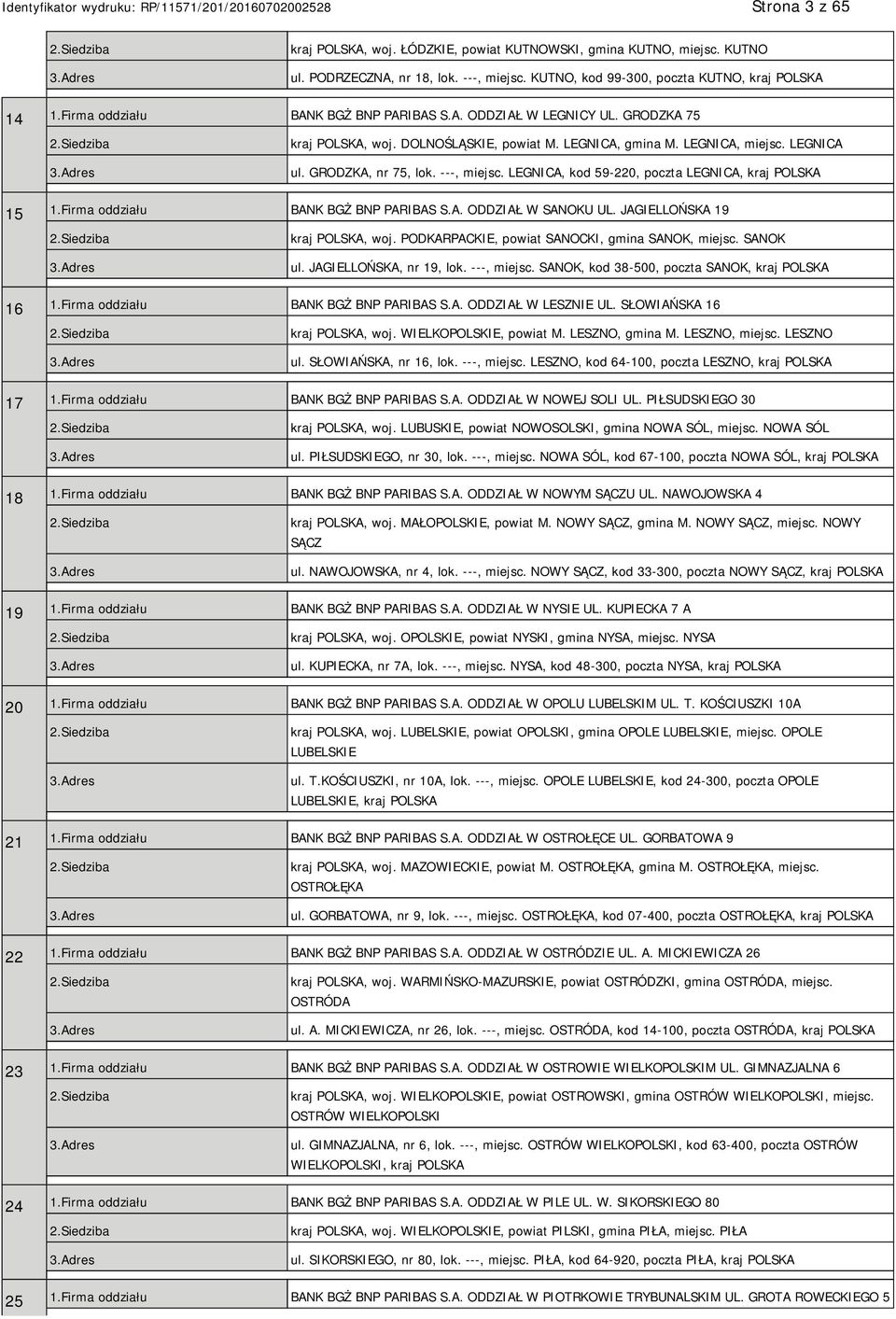 LEGNICA, kod 59-220, poczta LEGNICA, kraj 15 1.Firma oddziału BANK BGŻ BNP PARIBAS S.A. ODDZIAŁ W SANOKU UL. JAGIELLOŃSKA 19 kraj, woj. PODKARPACKIE, powiat SANOCKI, gmina SANOK, miejsc. SANOK ul.