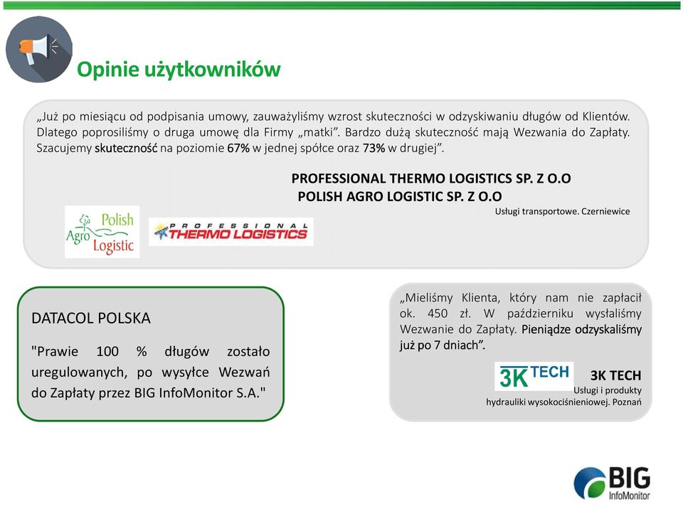 O POLISH AGRO LOGISTIC SP. Z O.O Usługi transportowe. Czerniewice DATACOL POLSKA "Prawie 100 % długów zostało uregulowanych, po wysyłce Wezwań do Zapłaty przez BIG InfoMonitor S.A." Mieliśmy Klienta, który nam nie zapłacił ok.