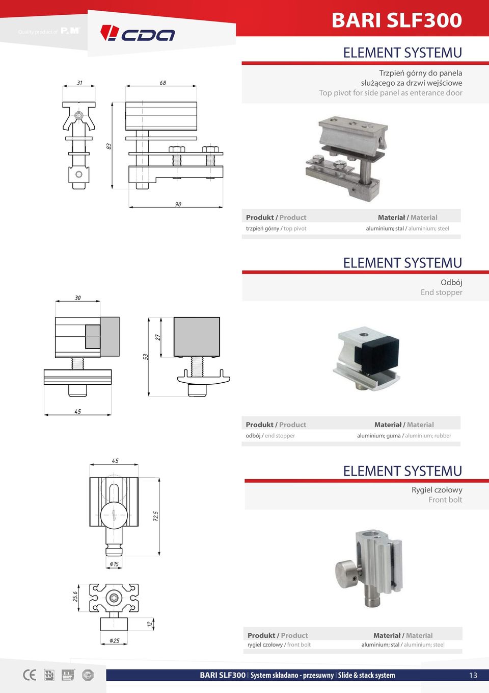 6 83 90 trzpień górny / top pivot / aluminium; stal / aluminium; steel Odbój End stopper odbój / end stopper /