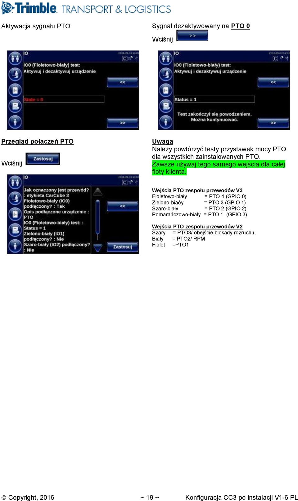 Wejścia PTO zespołu przewodów V3 Fioletowo-biały = PTO 4 (GPIO 0) Zielono-biaóy = PTO 3 (GPIO 1) Szaro-biały = PTO 2 (GPIO 2)