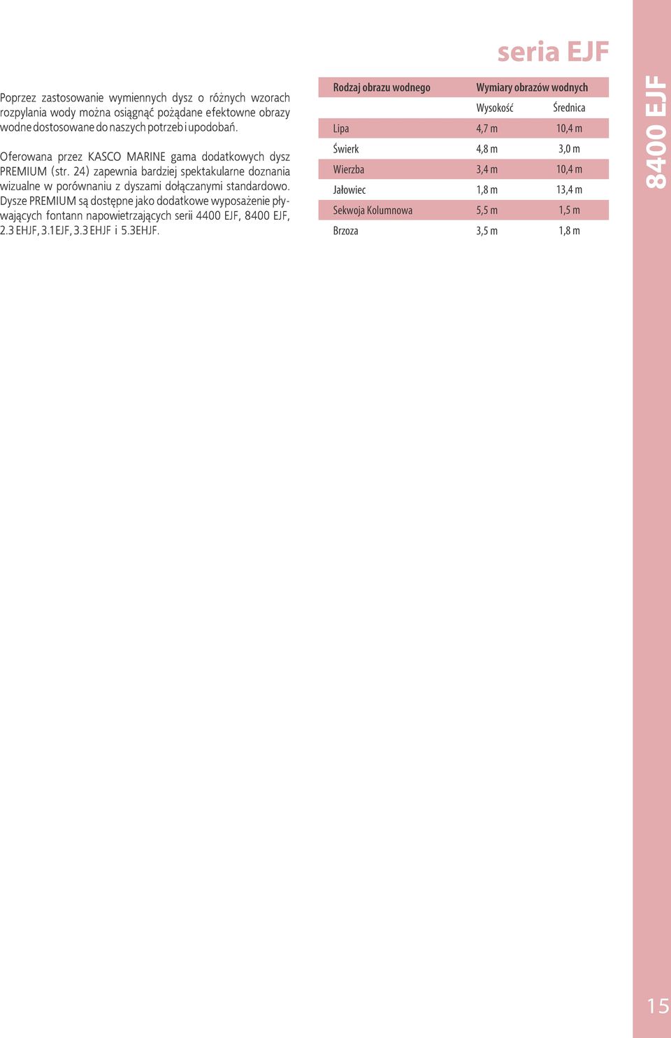 Dysze PREMIUM są dostępne jako dodatkowe wyposażenie pływających fontann napowietrzających serii 4400 EJF, 8400 EJF,.3 EHJF, 3.1 EJF, 3.3 EHJF i 5.3EHJF.