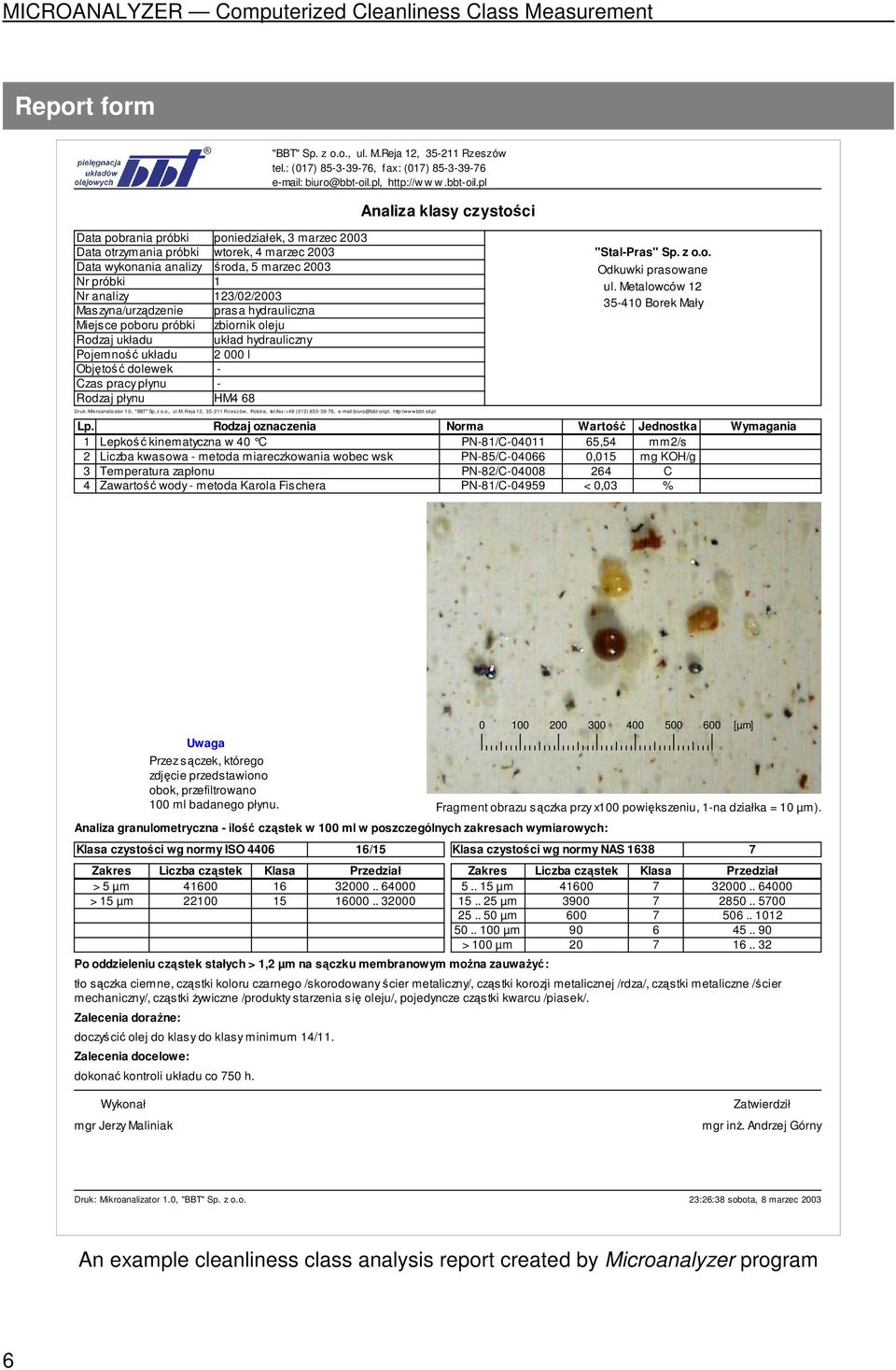 z o.o., ul. M.Reja 12, 35-211 Rzeszów tel.: (017) 85-3-39-76, fax: (017) 85-3-39-76 e-mail: biuro@bbt-oil.pl, http://w w w.bbt-oil.pl Druk: Mikroanalizator 1.0, "BBT" Sp. z o.o., ul. M. Reja 12, 35-211 Rzeszów, Polska, tel.