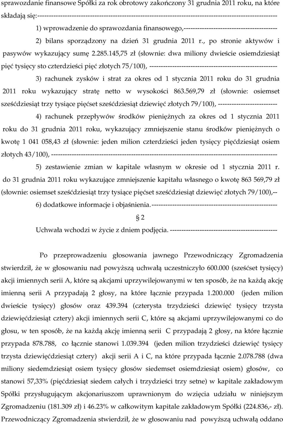 bilans sporządzony na dzień 31 grudnia 2011 r., po stronie aktywów i pasywów wykazujący sumę 2.285.