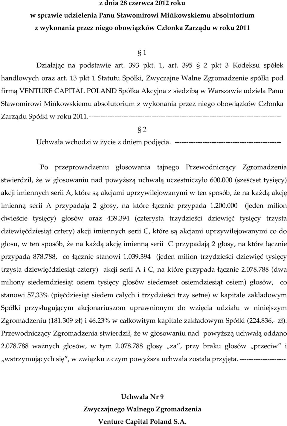 13 pkt 1 Statutu Spółki, Zwyczajne Walne Zgromadzenie spółki pod firmą VENTURE CAPITAL POLAND Spółka Akcyjna z siedzibą w Warszawie udziela Panu Sławomirowi Mińkowskiemu