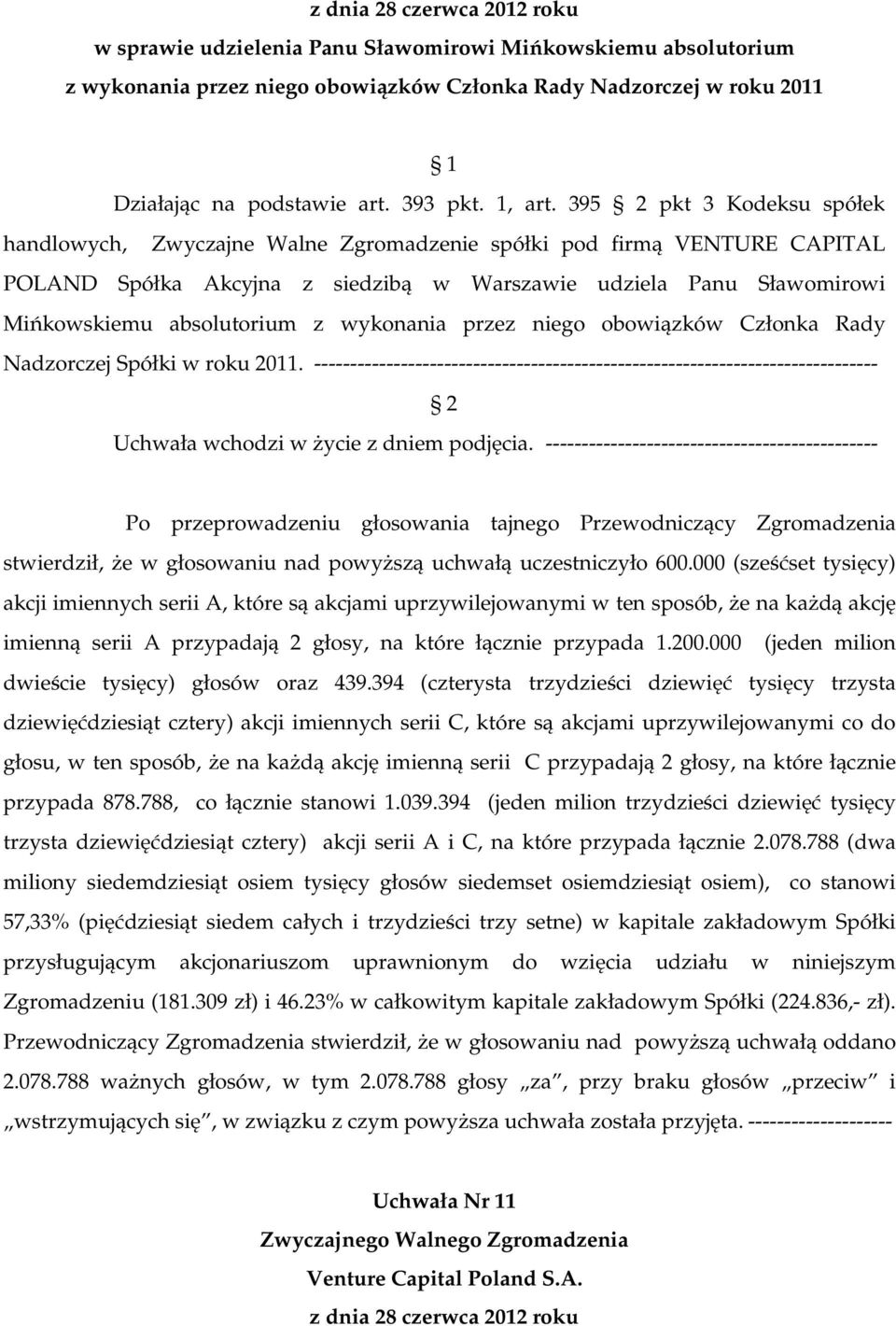 wykonania przez niego obowiązków Członka Rady Nadzorczej Spółki w roku 2011. ------------------------------------------------------------------------------ 2 Uchwała wchodzi w Ŝycie z dniem podjęcia.