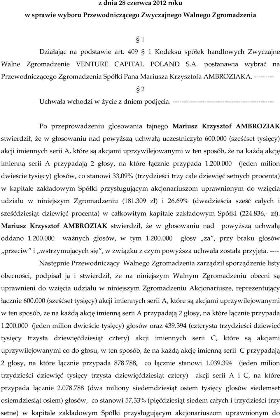 --------------------------------------------- Po przeprowadzeniu głosowania tajnego Mariusz Krzysztof AMBROZIAK dwieście tysięcy) głosów, co stanowi 33,09% (trzydzieści trzy całe dziewięć setnych