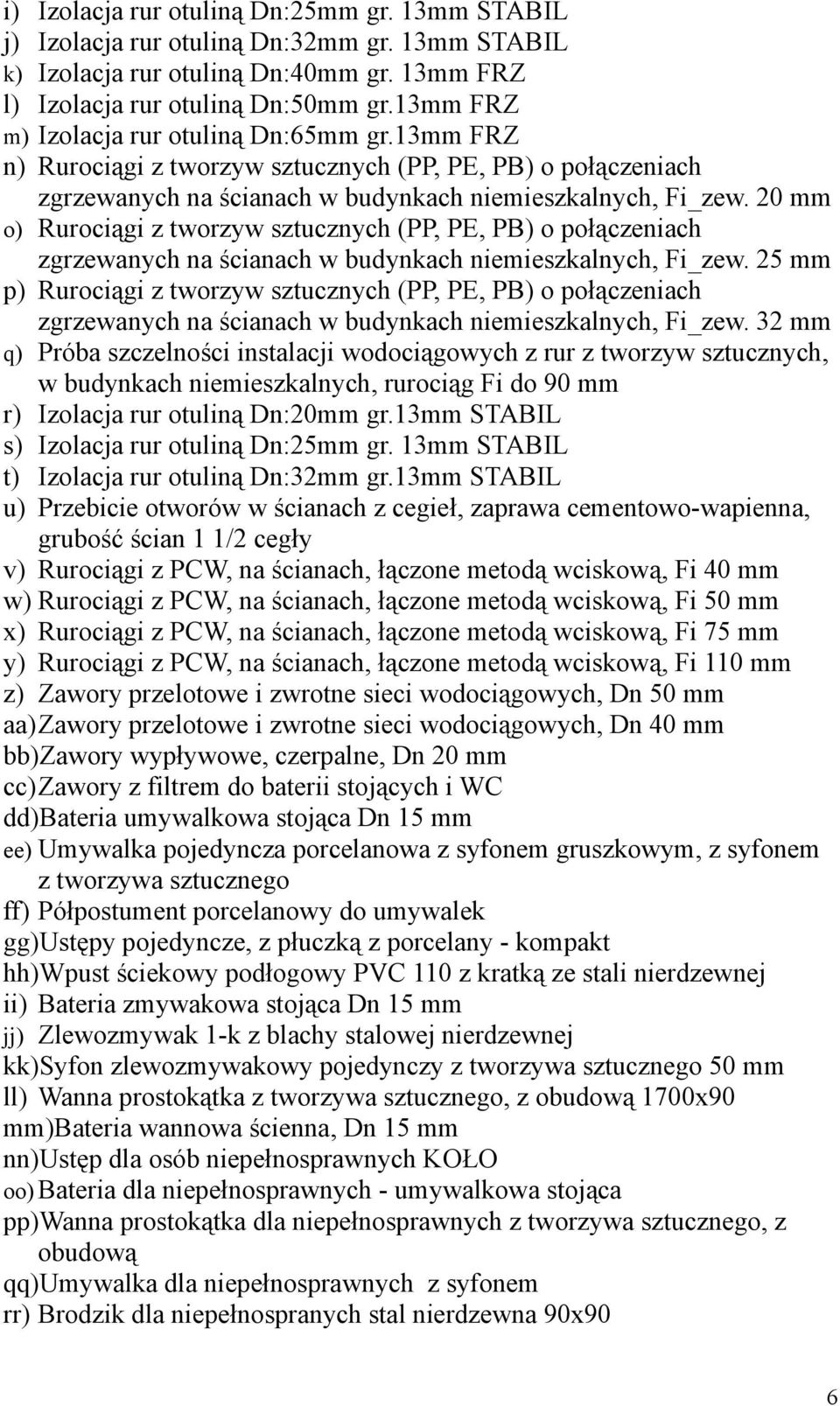 20 mm o) Rurociągi z tworzyw sztucznych (PP, PE, PB) o połączeniach zgrzewanych na ścianach w budynkach niemieszkalnych, Fi_zew.