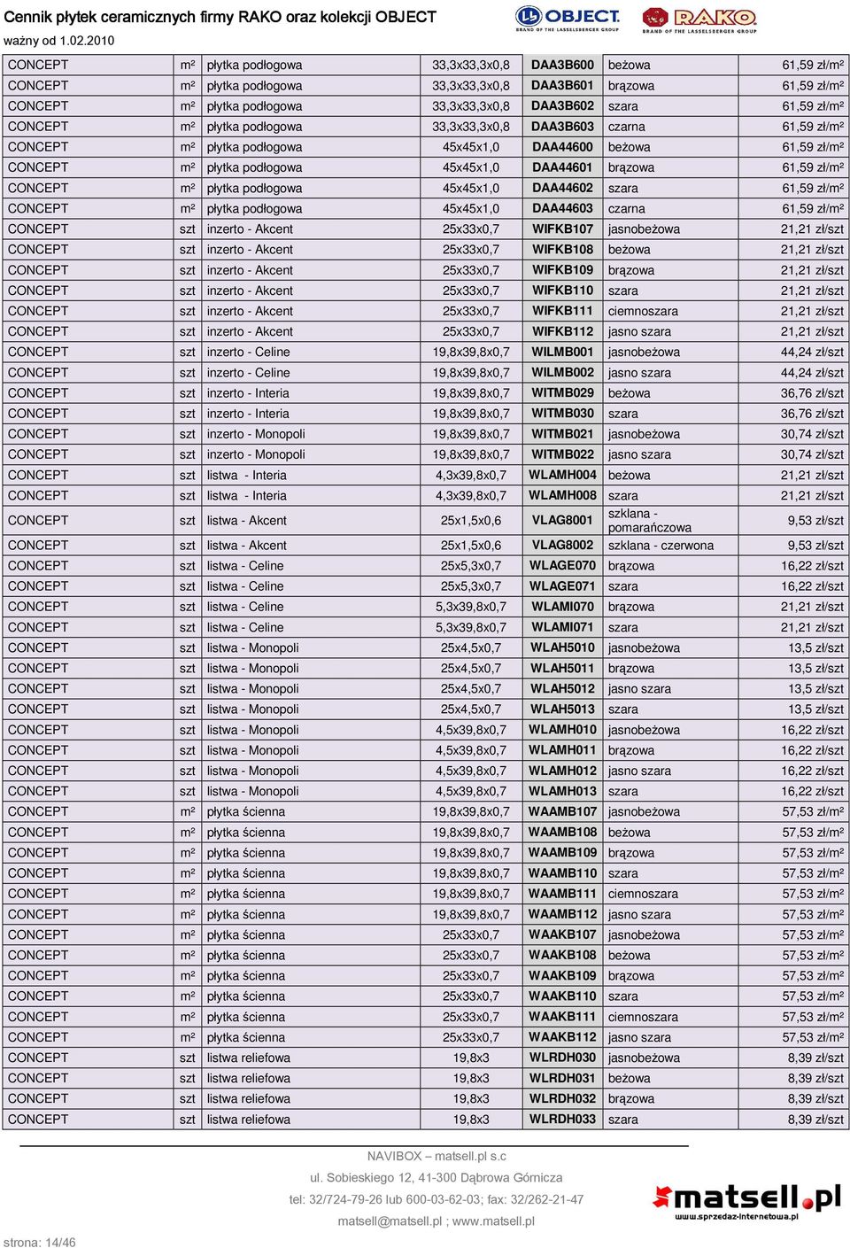 brązowa 61,59 zł/m² CONCEPT m² płytka podłogowa 45x45x1,0 DAA44602 szara 61,59 zł/m² CONCEPT m² płytka podłogowa 45x45x1,0 DAA44603 czarna 61,59 zł/m² CONCEPT inzerto - Akcent 25x33x0,7 WIFKB107