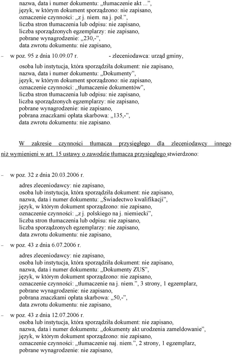 - zleceniodawca: urząd gminy, nazwa, data i numer dokumentu: Dokumenty, oznaczenie czynności: tłumaczenie dokumentów, liczba stron tłumaczenia lub odpisu: nie zapisano, liczba sporządzonych