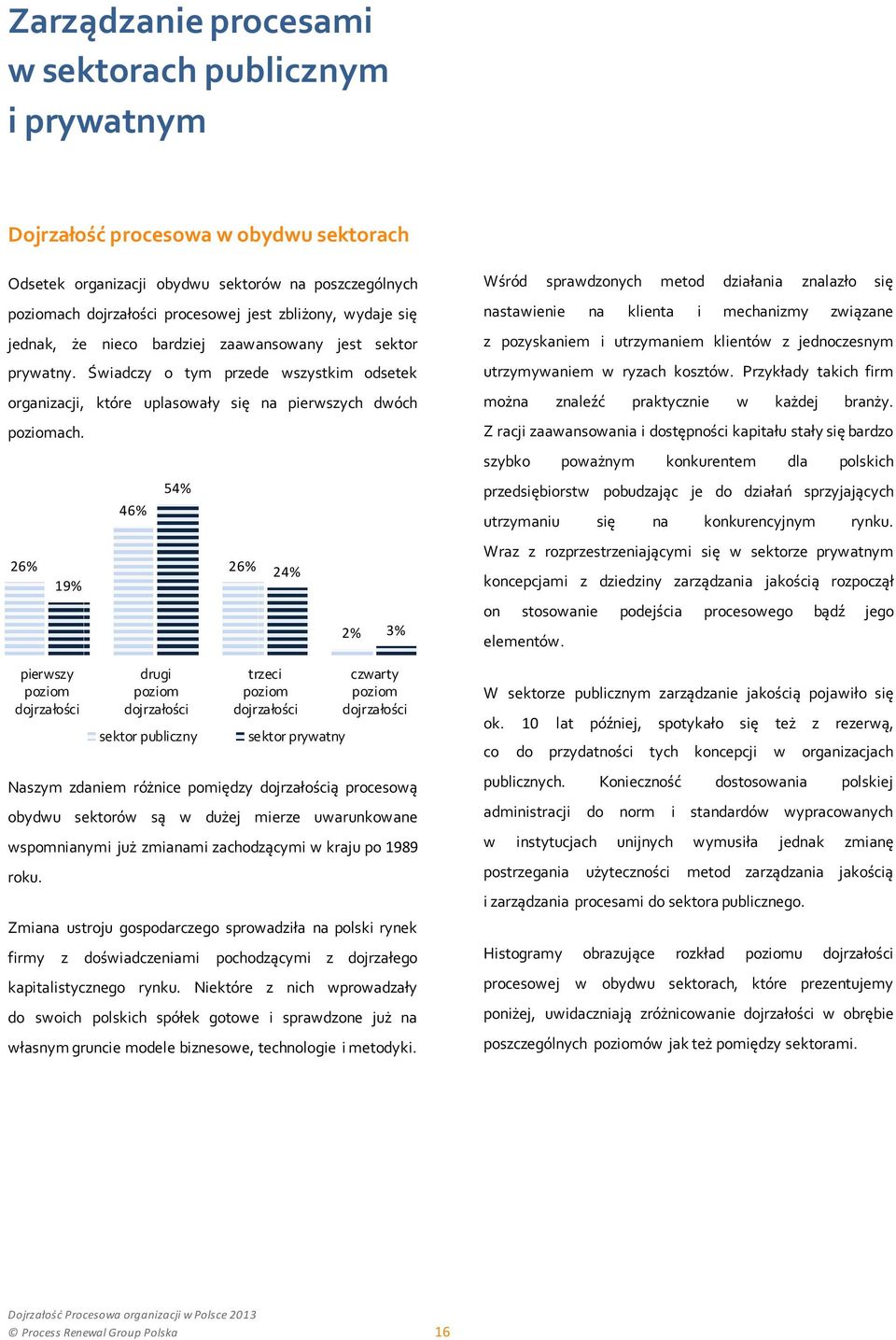 26% Naszym zdaniem różnice pomiędzy dojrzałością procesową obydwu sektorów są w dużej mierze uwarunkowane wspomnianymi już zmianami zachodzącymi w kraju po 1989 roku.