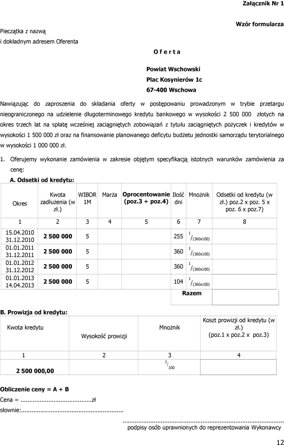 zobowiązań z tytułu zaciągniętych poŝyczek i kredytów w wysokości 1 500 000 zł oraz na finansowanie planowanego deficytu budŝetu jednostki samorządu terytorialnego w wysokości 1 000 000 zł. 1. Oferujemy wykonanie zamówienia w zakresie objętym specyfikacją istotnych warunków zamówienia za cenę: A.