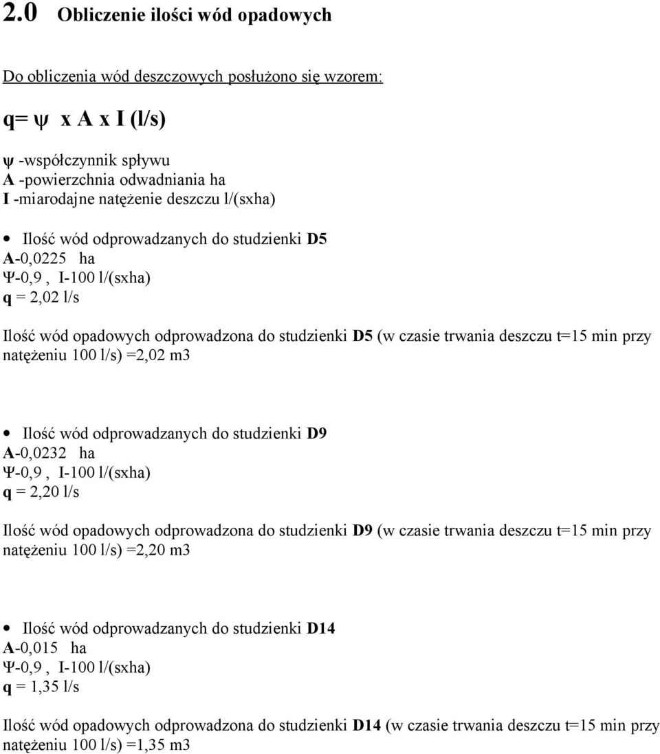 l/s) =2,02 m3 Ilość wód odprowadzanych do studzienki D9 A-0,0232 ha q = 2,20 l/s Ilość wód opadowych odprowadzona do studzienki D9 (w czasie trwania deszczu t=15 min przy natężeniu 100 l/s)