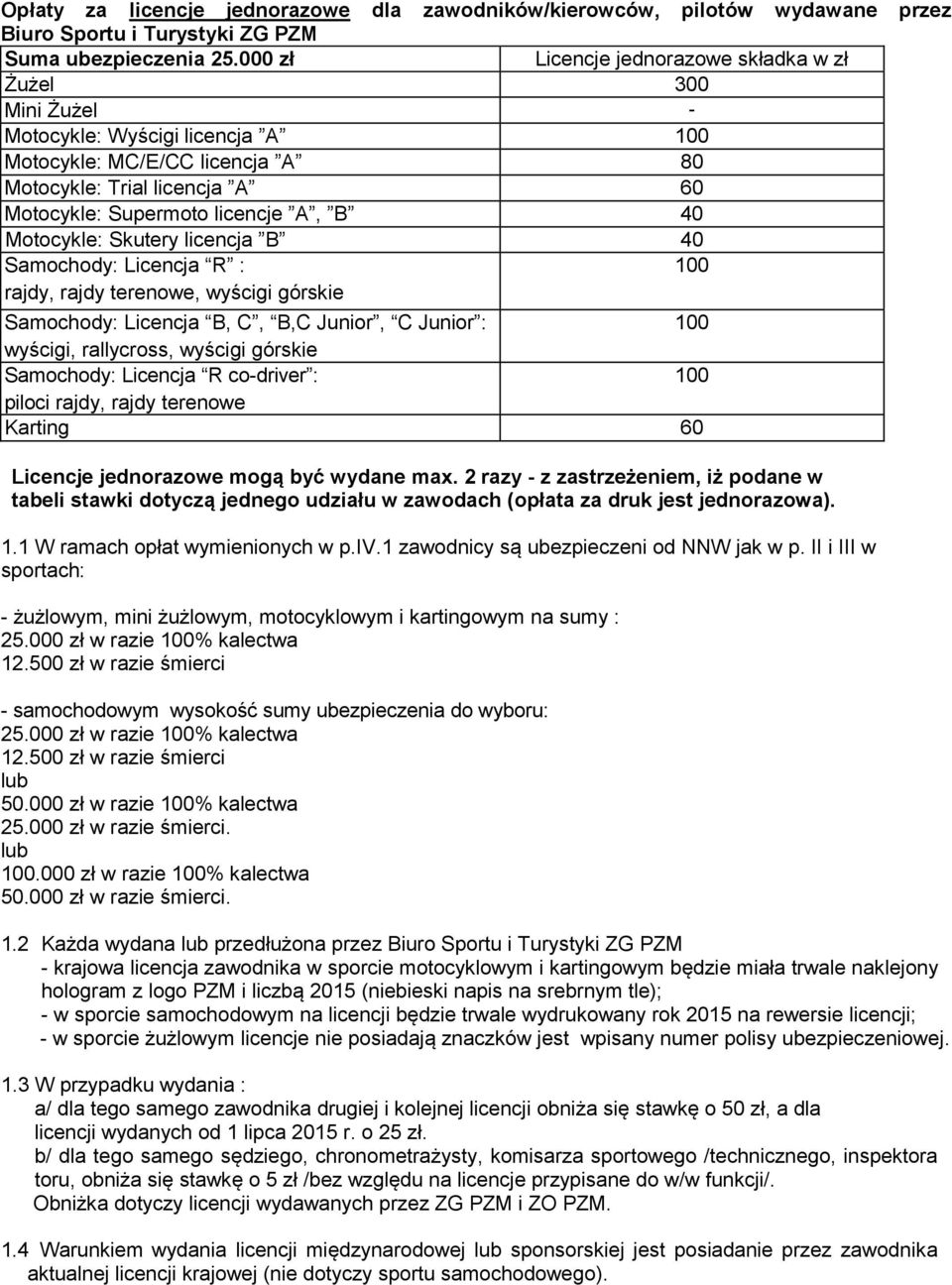 Motocykle: Skutery licencja B 40 100 100 100 piloci rajdy, rajdy tere Karting 60 Licencje jednorazowe mogą być wydane max.