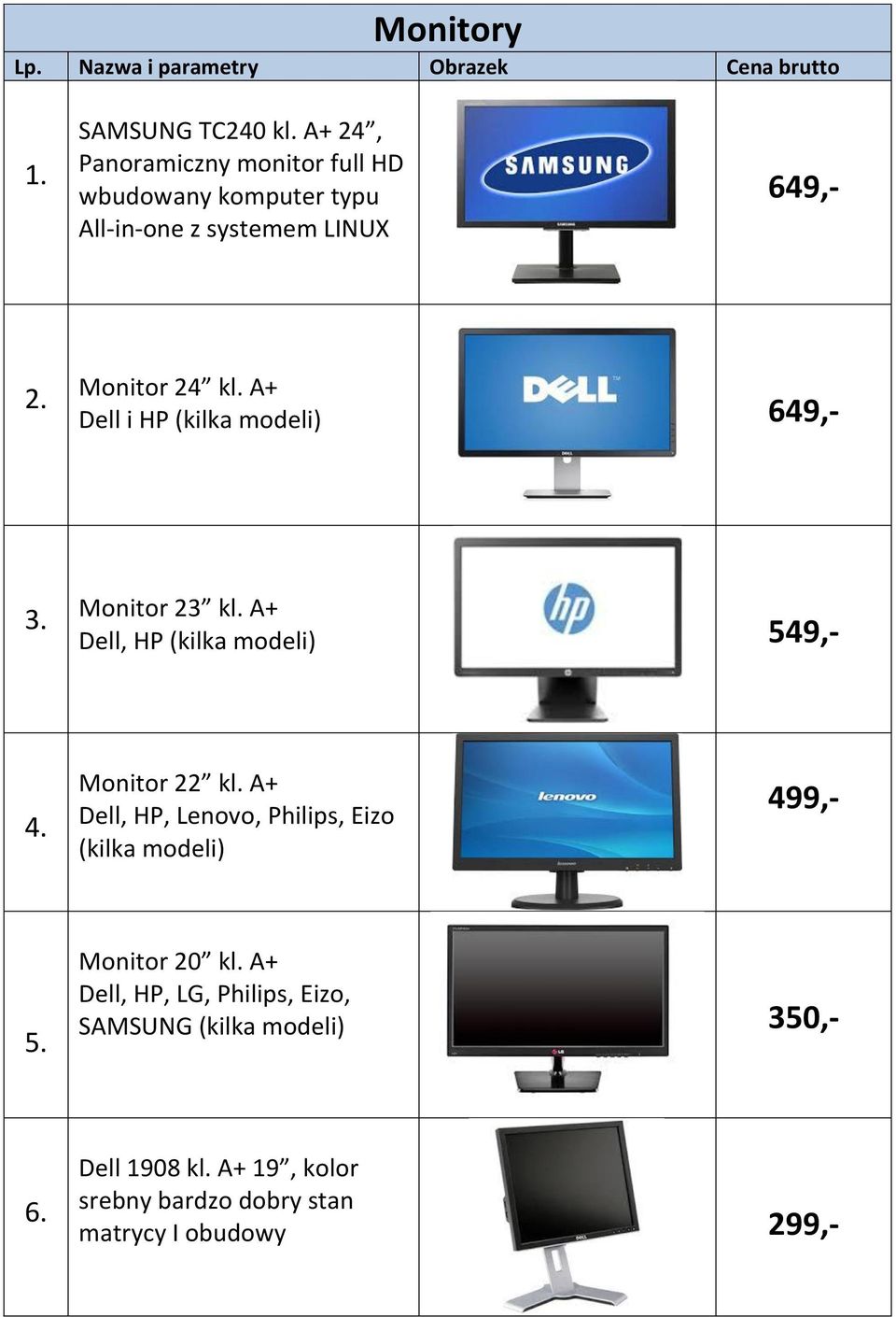 A+ Dell i HP (kilka modeli) 649,- 3. Monitor 23 kl. A+ Dell, HP (kilka modeli) 549,- 4. Monitor 22 kl.