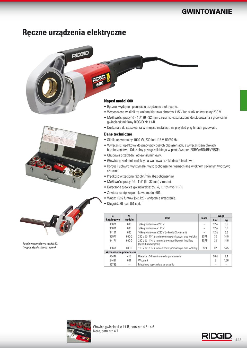 Dane techniczne Silnik: uniwersalny 020 W, 230 lub 5 V, 50/60 Hz. Wyłącznik: łopatkowy do pracy przy dużych obciążeniach, z wyłącznikiem blokady bezpieczeństwa.