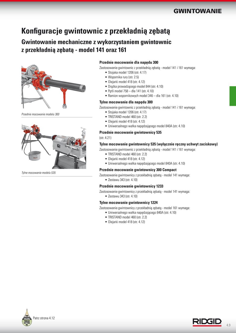 4.0) Pętli model 758 dla 4 (str. 4.0) Ramion wspornikowych model 346 dla 6 (str. 4.0) Tylne mocowanie dla napędu 300 Zastosowanie gwintownic z przekładnią zębatą - model 4 i 6 wymaga: Stojaka model 206 (str.