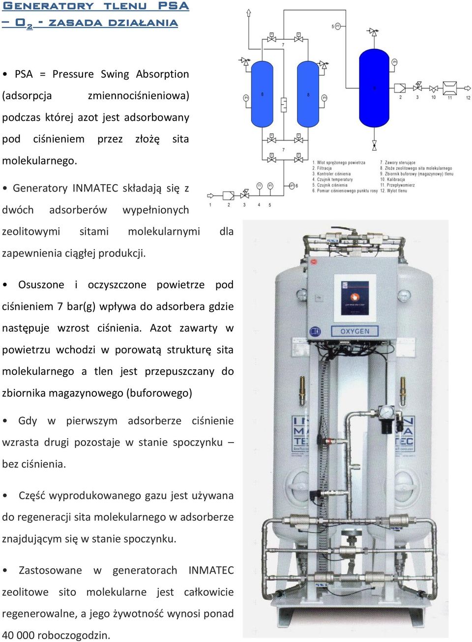Osuszone i oczyszczone powietrze pod ciśnieniem 7 bar(g) wpływa do adsorbera gdzie następuje wzrost ciśnienia.