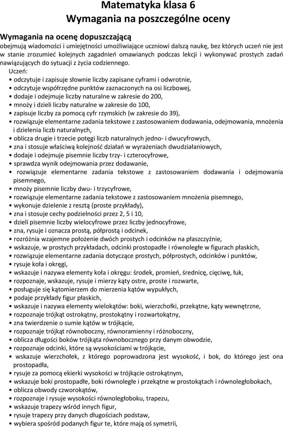 Uczeń: odczytuje i zapisuje słownie liczby zapisane cyframi i odwrotnie, odczytuje współrzędne punktów zaznaczonych na osi liczbowej, dodaje i odejmuje liczby naturalne w zakresie do 200, mnoży i
