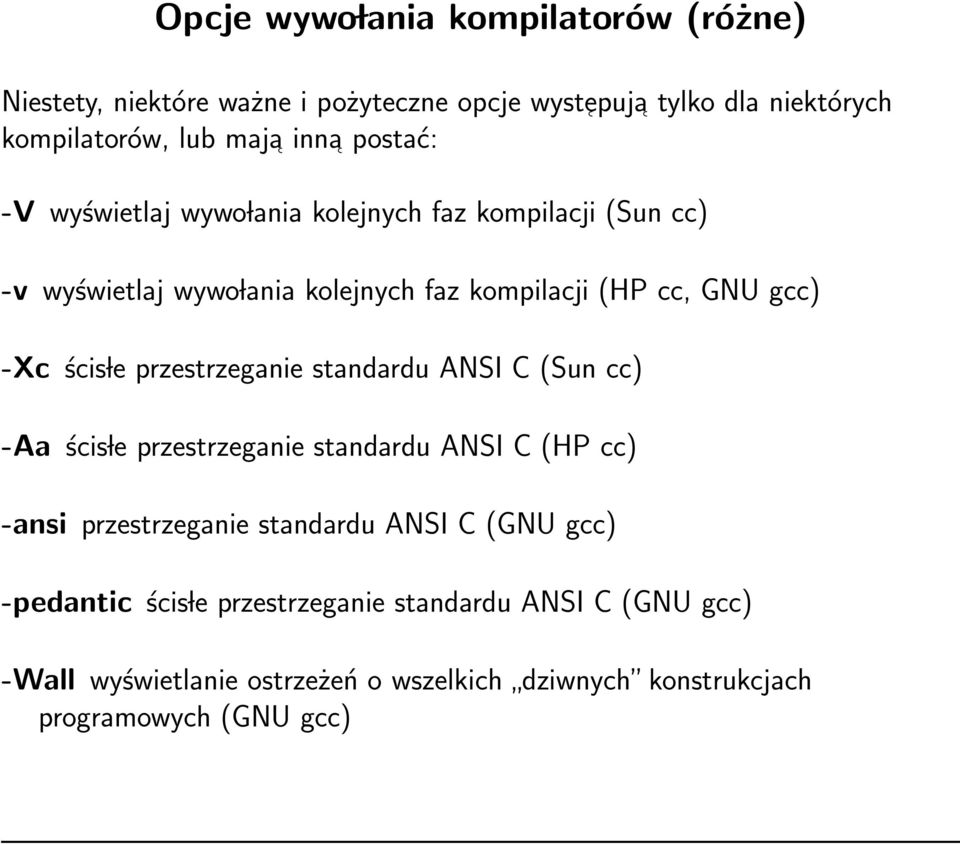 le przestrzeganie standardu ANSI C (Sun cc) -Aa ścis le przestrzeganie standardu ANSI C (HP cc) -ansi przestrzeganie standardu ANSI C (GNU gcc)