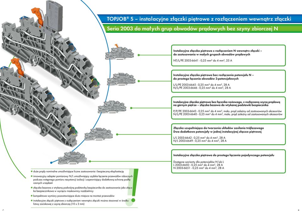 3-potencjałowych L/L/PE 2003-6645 - 0,25 mm² do 4 mm², 28 A N/L/PE 2003-6646 - 0,25 mm² do 4 mm², 28 A Instalacyjna złączka piętrowa bez łącznika nożowego, z rozłączoną szyną prądową na górnym