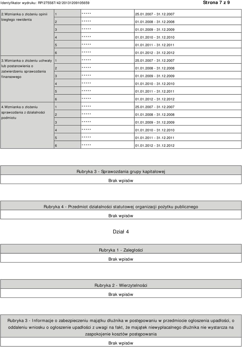 01.2009-31.12.2009 4 ***** 01.01.2010-31.12.2010 5 ***** 01.01.2011-31.12.2011 6 ***** 01.01.2012-31.12.2012 4.Wzmianka o złożeniu sprawozdania z działalności podmiotu 1 ***** 25.01.2007-31.12.2007 2 ***** 01.