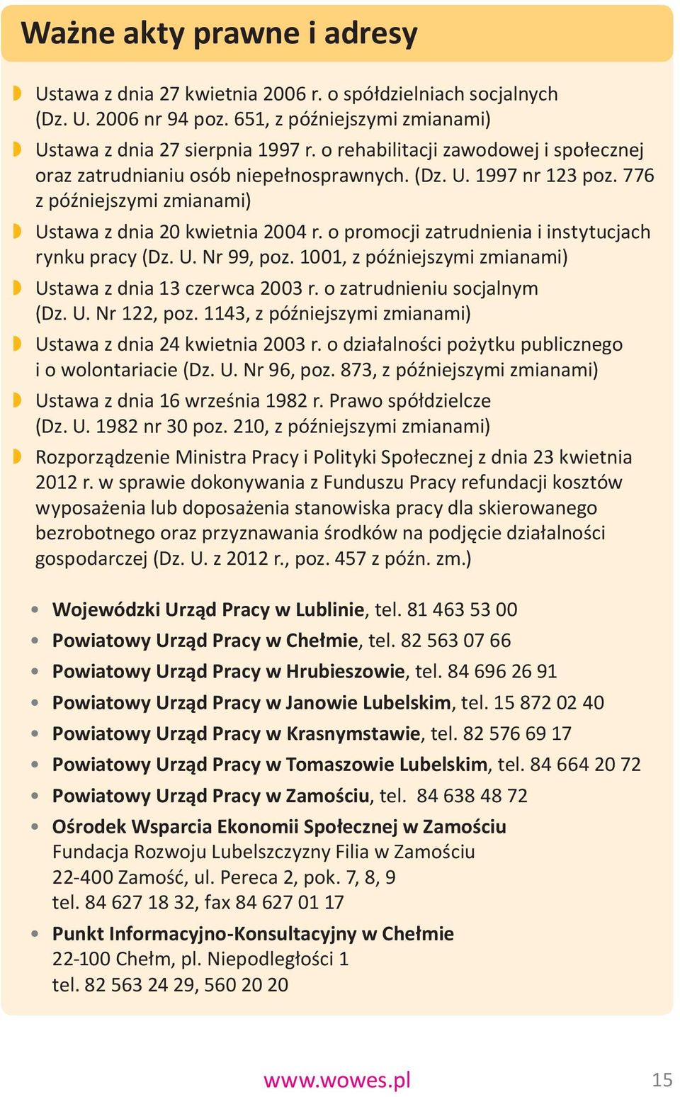 o promocji zatrudnienia i instytucjach rynku pracy (Dz. U. Nr 99, poz. 1001, z późniejszymi zmianami) Ustawa z dnia 13 czerwca 2003 r. o zatrudnieniu socjalnym (Dz. U. Nr 122, poz.