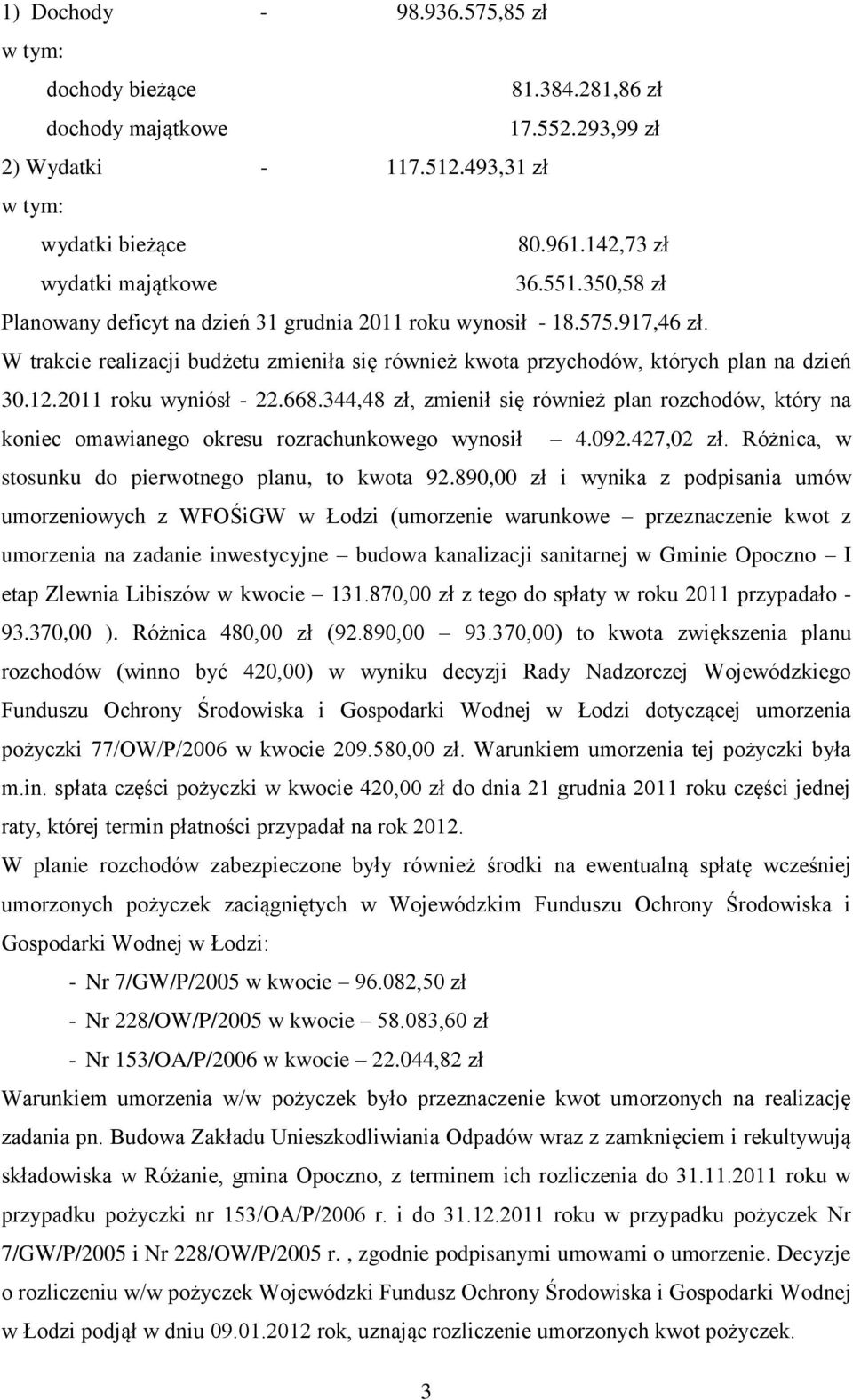 2011 roku wyniósł - 22.668.344,48 zł, zmienił się również plan rozchodów, który na koniec omawianego okresu rozrachunkowego wynosił 4.092.427,02 zł.