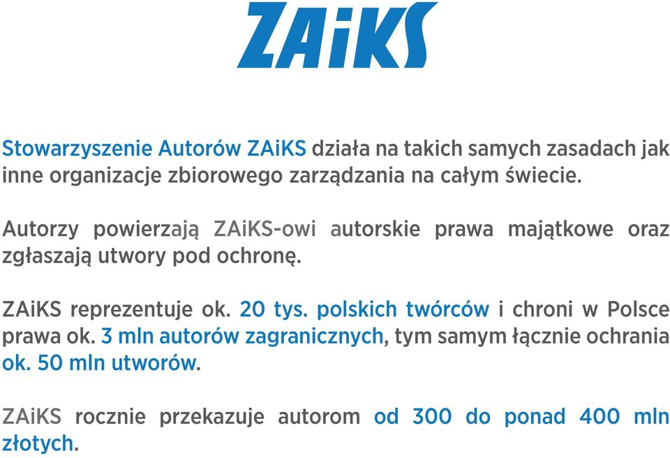 ZAiKS reprezentuje ok. 20 tys. polskich twórców i chroni w Polsce prawa ok.