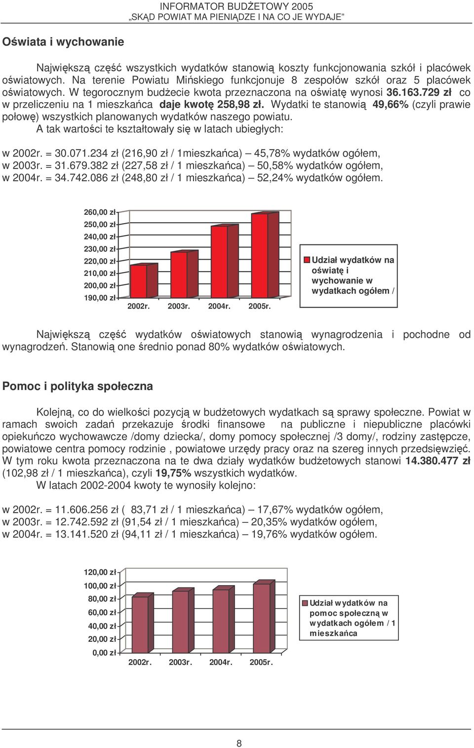 Wydatki te stanowi 49,66% (czyli prawie połow) wszystkich planowanych wydatków naszego powiatu. A tak wartoci te kształtowały si w latach ubiegłych: w 2002r. = 30.071.