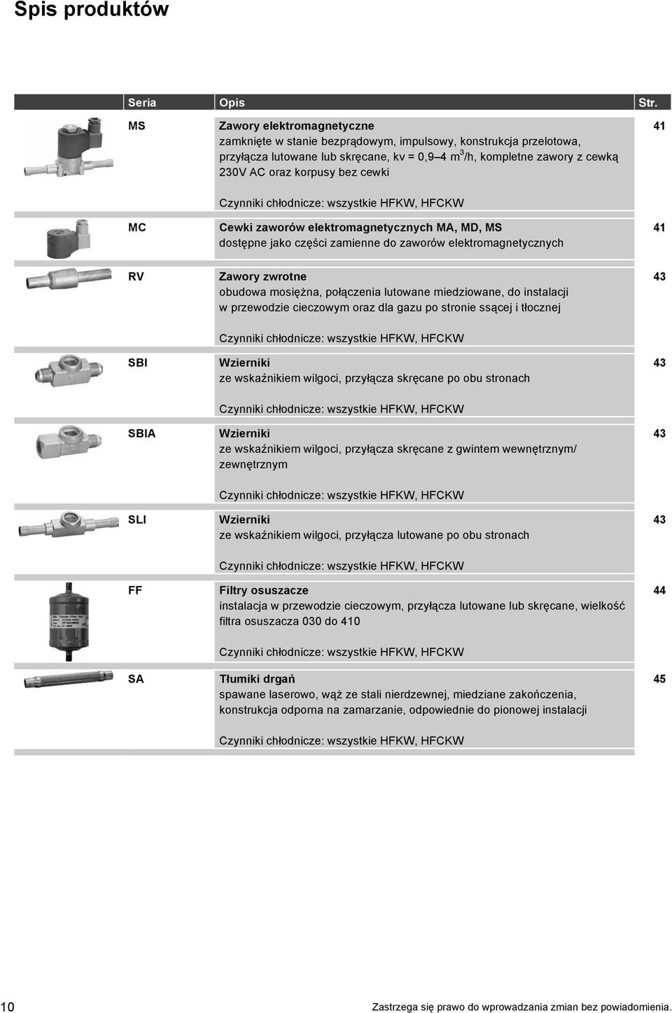 cewki 41 MC Czynniki chłodnicze: wszystkie HFKW, HFCKW Cewki zaworów elektromagnetycznych MA, MD, MS dostępne jako części zamienne do zaworów elektromagnetycznych 41 RV Zawory zwrotne obudowa