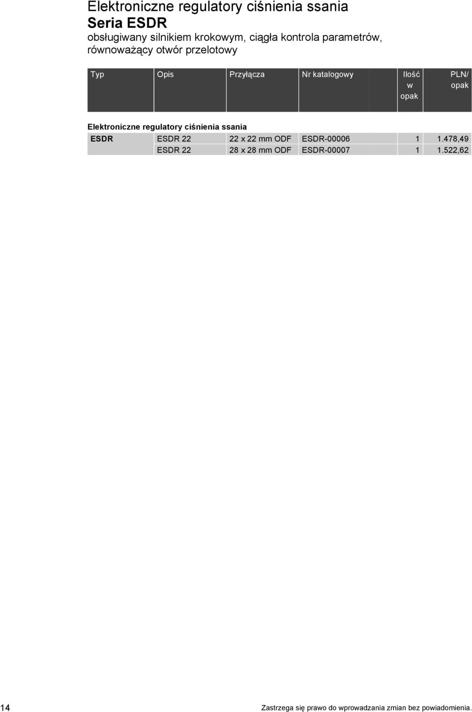 ciśnienia ssania ESDR ESDR 22 22 x 22 mm ODF ESDR-00006 1 1.478,49 ESDR 22 28 x 28 mm ODF ESDR-00007 1 1.