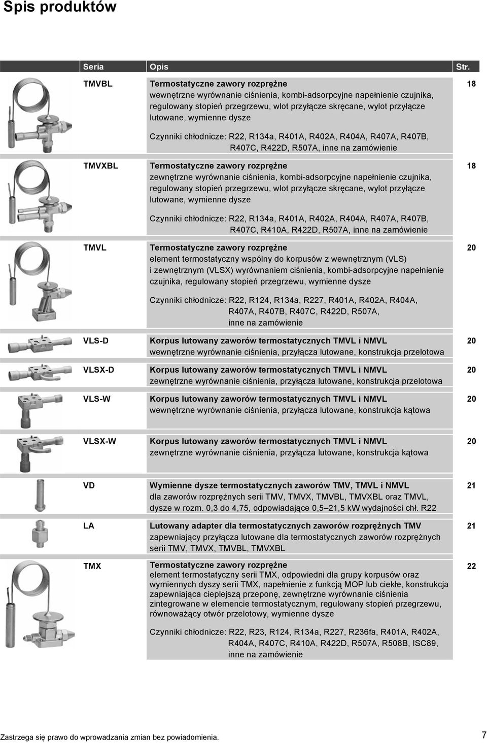 wylot przyłącze lutowane, wymienne dysze Czynniki chłodnicze: R22, R134a, R401A, R402A, R404A, R407A, R407B, R407C, R422D, R507A, inne na zamówienie Termostatyczne zawory rozprężne zewnętrzne