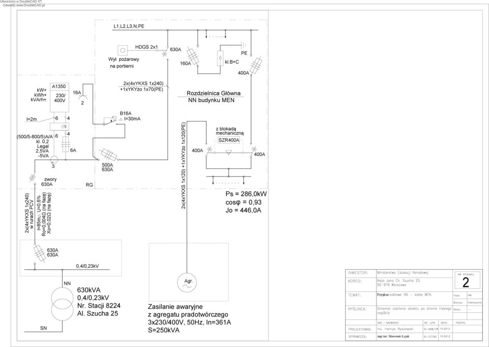 0,2 Legal 2,5VA -5VA 2x(4xYKXS 1x240) w rurach PCV l=85m, U=0,6% 3 zwory 630A Ro=0,004Ω (na fazę) Xo=0,02Ω (na fazę) 6 4 6A RG 500A 630A 2x(4xYKXS 1x120) +1xYKYżo 1x120(PE) 400A