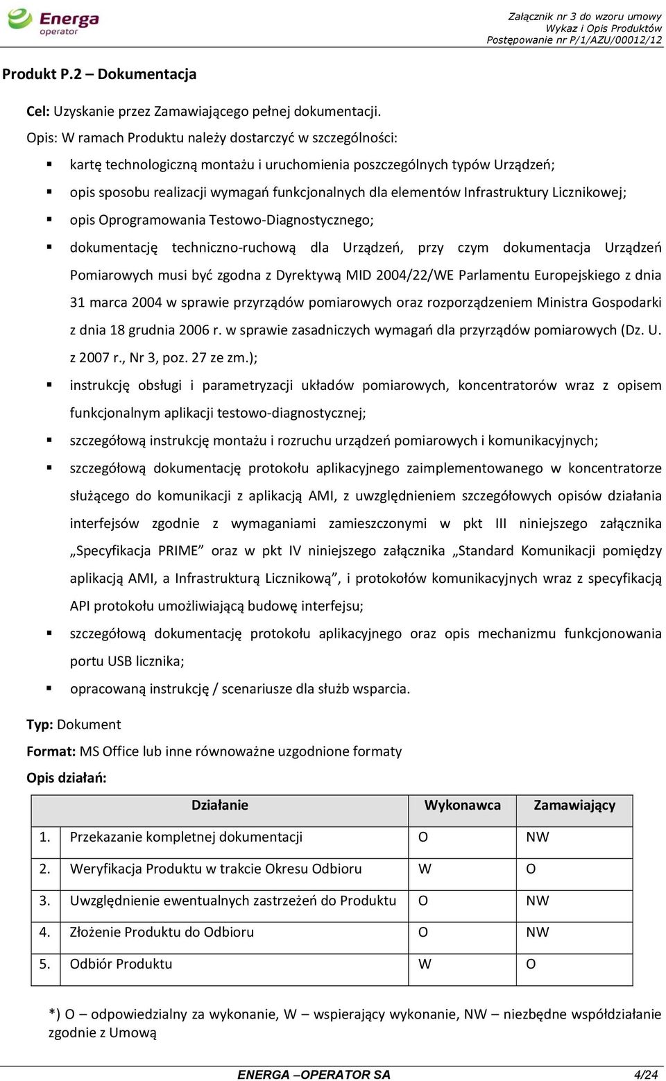 Infrastruktury Licznikowej; opis Oprogramowania Testowo-Diagnostycznego; dokumentację techniczno-ruchową dla Urządzeń, przy czym dokumentacja Urządzeń Pomiarowych musi być zgodna z Dyrektywą MID