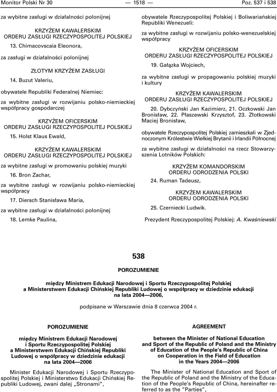 Holst Klaus Ewald, KRZY EM KAWALERSKIM za wybitne zas ugi w promowaniu polskiej muzyki 16. Bron Zachar, za wybitne zas ugi w rozwijaniu polsko-niemieckiej wspó pracy 17.