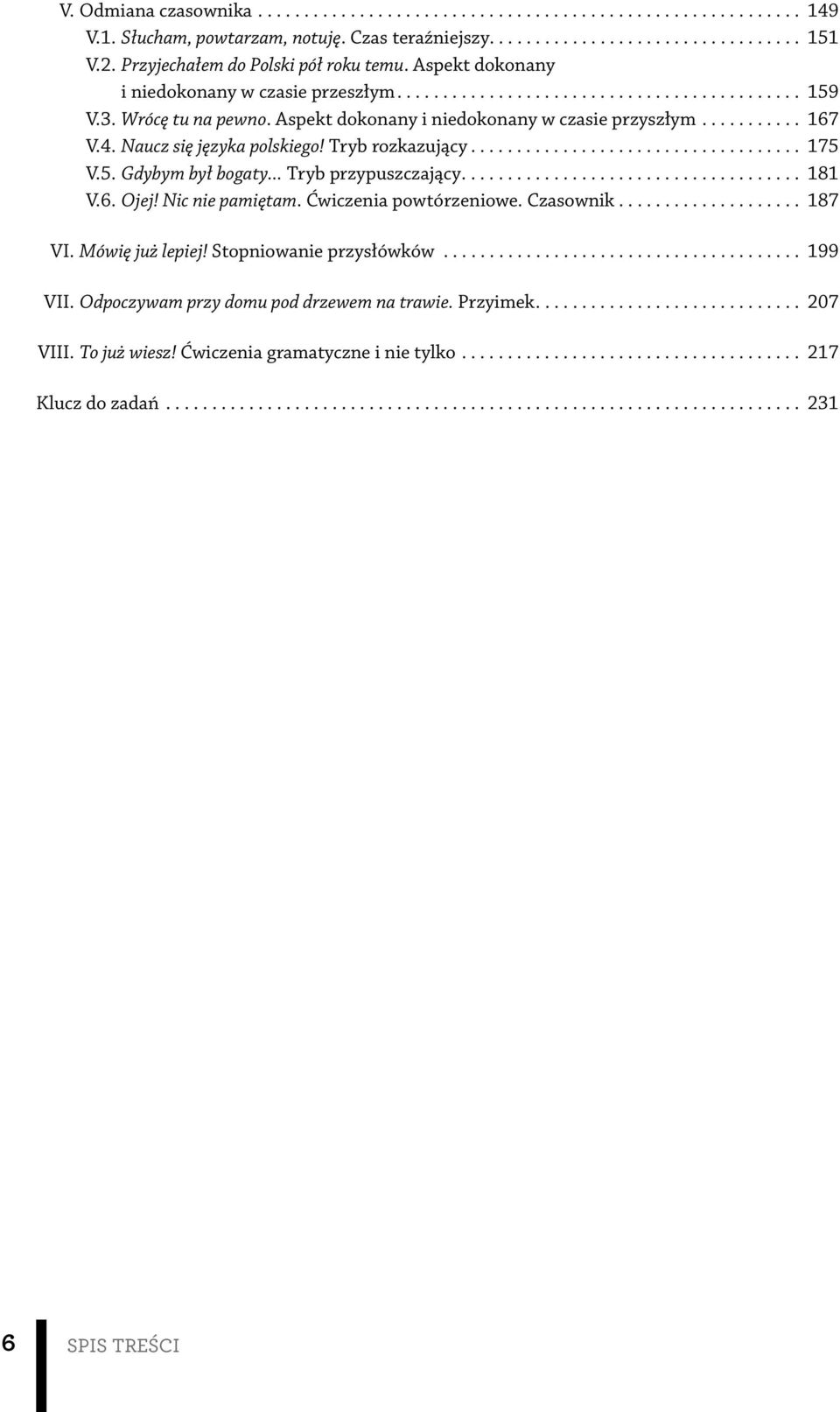 Aspekt dokonany i niedokonany w czasie przyszłym........... 167 V.4. Naucz się języka polskiego! Tryb rozkazujący.................................... 175 V.5. Gdybym był bogaty... Tryb przypuszczający.