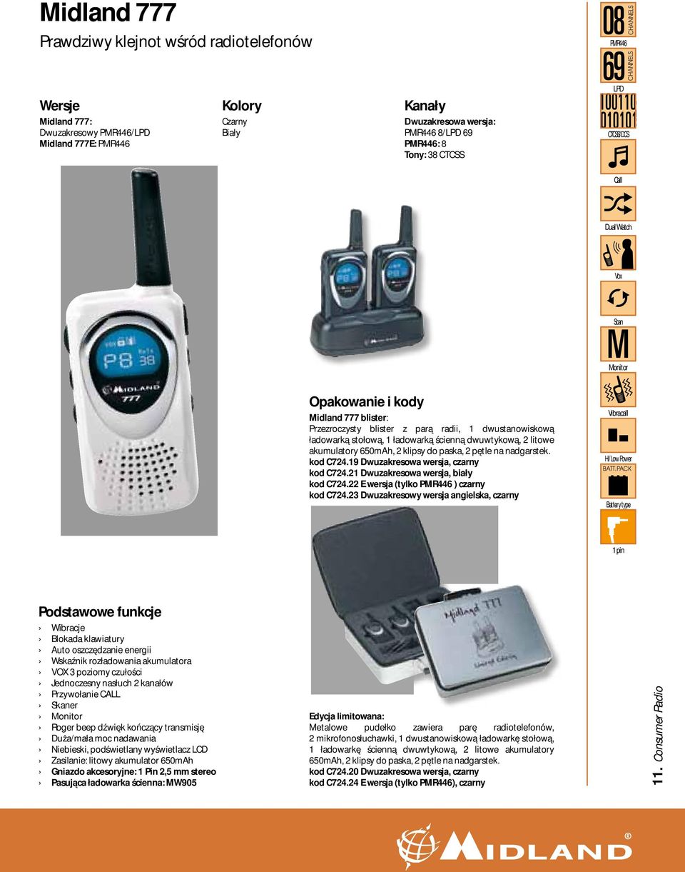 PACK AA Monitor Midland 777 blister: Przezroczysty blister z parą radii, 1 dwustanowiskową ładowarką stołową, 1 ładowarką ścienną dwuwtykową, 2 litowe akumulatory 650mAh, 2 klipsy do paska, 2 pętle