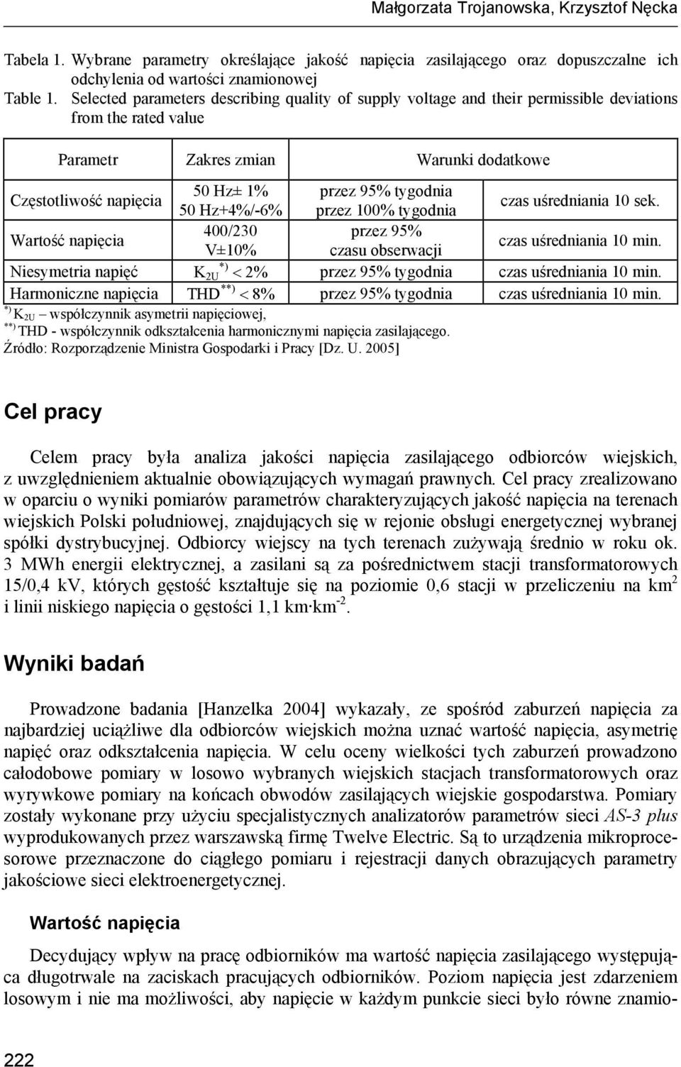 tygodnia 50 Hz+4%/-6% przez 100% tygodnia czas uśredniania 10 sek. Wartość napięcia 400/230 przez 95% V±10% czasu obserwacji czas uśredniania 10 min.