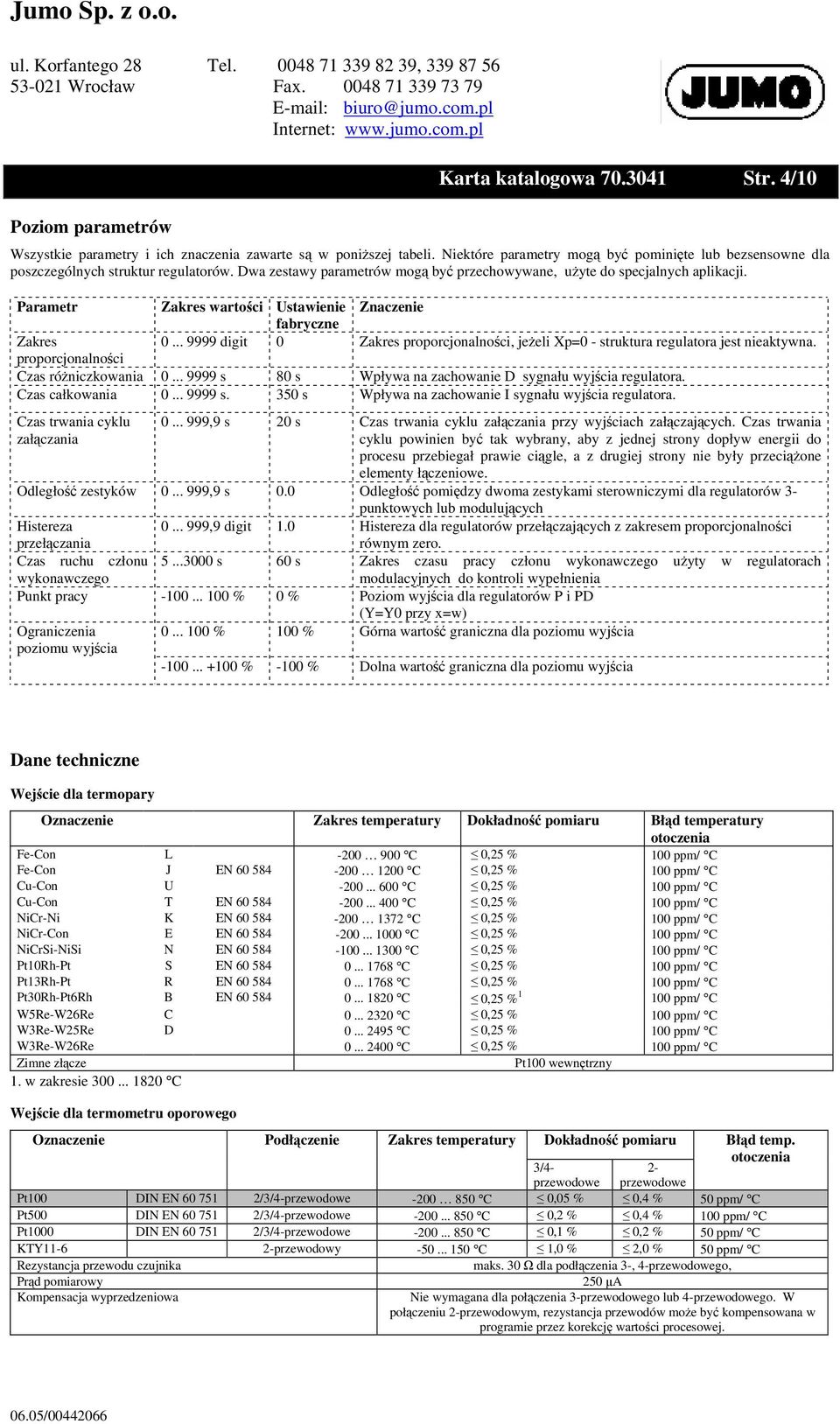 Parametr Zakres wartości Ustawienie Znaczenie fabryczne Zakres 0... 9999 digit 0 Zakres proporcjonalności, jeżeli Xp=0 - struktura regulatora jest nieaktywna. proporcjonalności Czas różniczkowania 0.