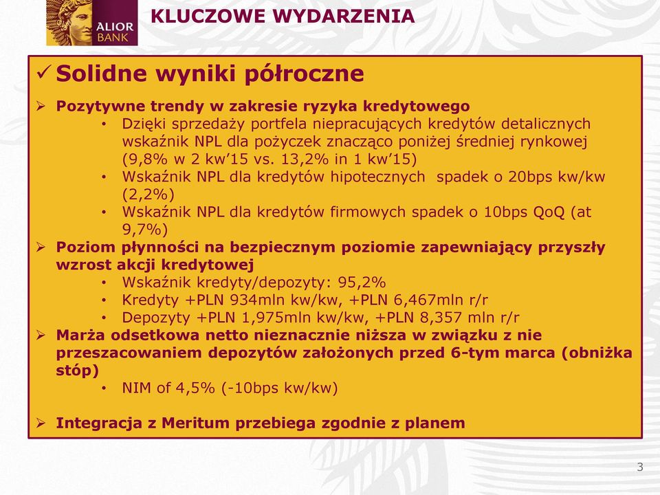 13,2% in 1 kw 15) Wskaźnik NPL dla kredytów hipotecznych spadek o 20bps kw/kw (2,2%) Wskaźnik NPL dla kredytów firmowych spadek o 10bps QoQ (at 9,7%) Poziom płynności na bezpiecznym poziomie