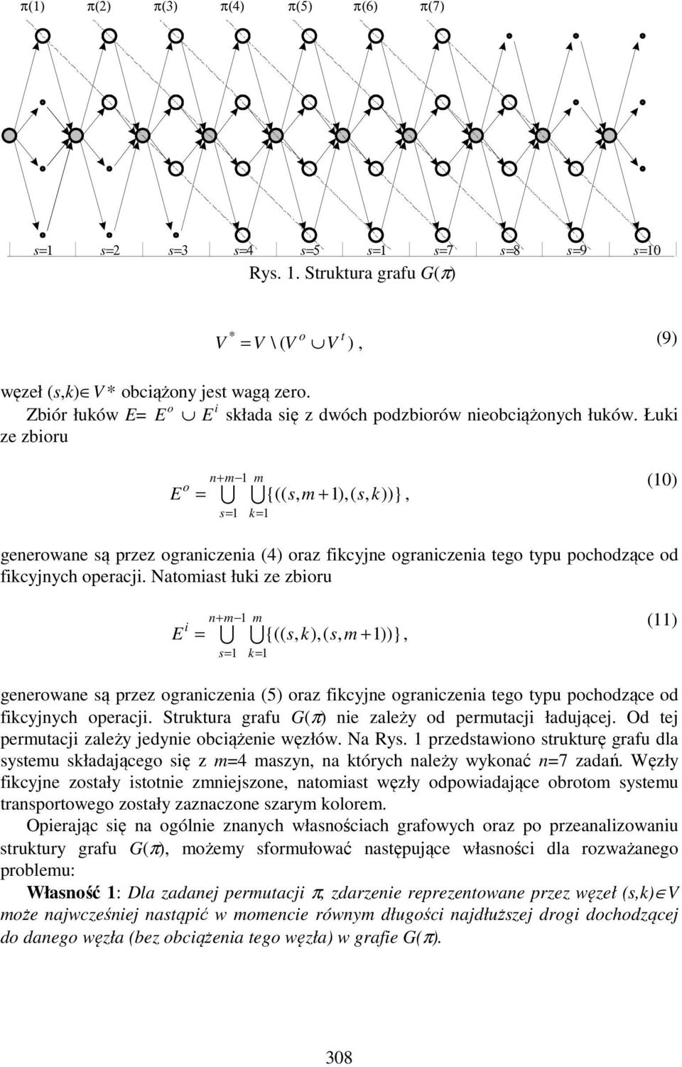 Łuki ze zbioru + = n m m o U U E {(( s, m + ),( s, k))}, s= k= (0) generowane są przez ograniczenia (4) oraz fikcyjne ograniczenia tego typu pochodzące od fikcyjnych operacji.