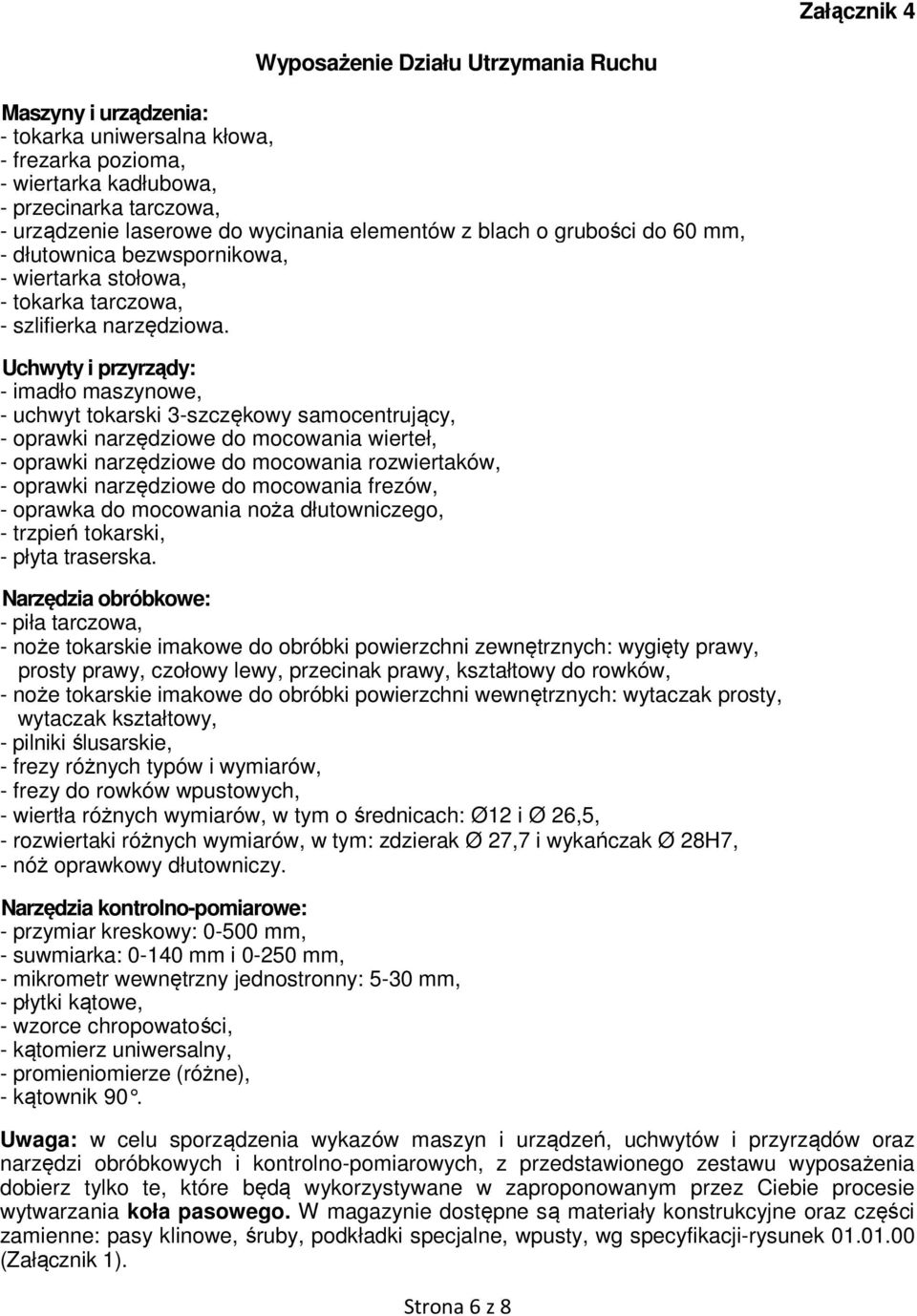 Uchwyty i przyrządy: - imadło maszynowe, - uchwyt tokarski 3-szczękowy samocentrujący, - oprawki narzędziowe do mocowania wierteł, - oprawki narzędziowe do mocowania rozwiertaków, - oprawki